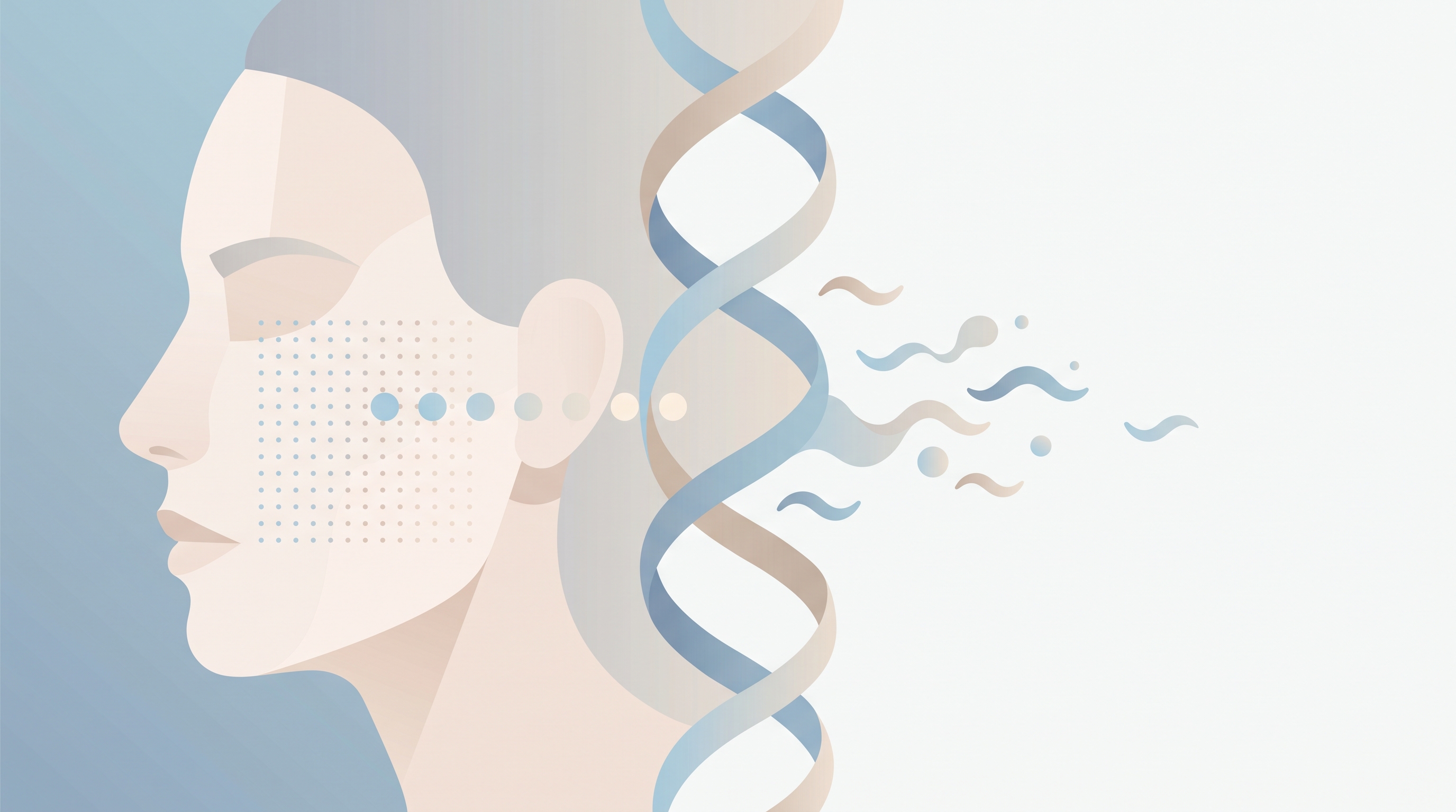 Conceptual illustration of an abstract face in profile marked with a fine grid of evenly spaced dots across the cheek, some slightly raised and fading, beside a double-helix ribbon dissolving into small wave shapes.
