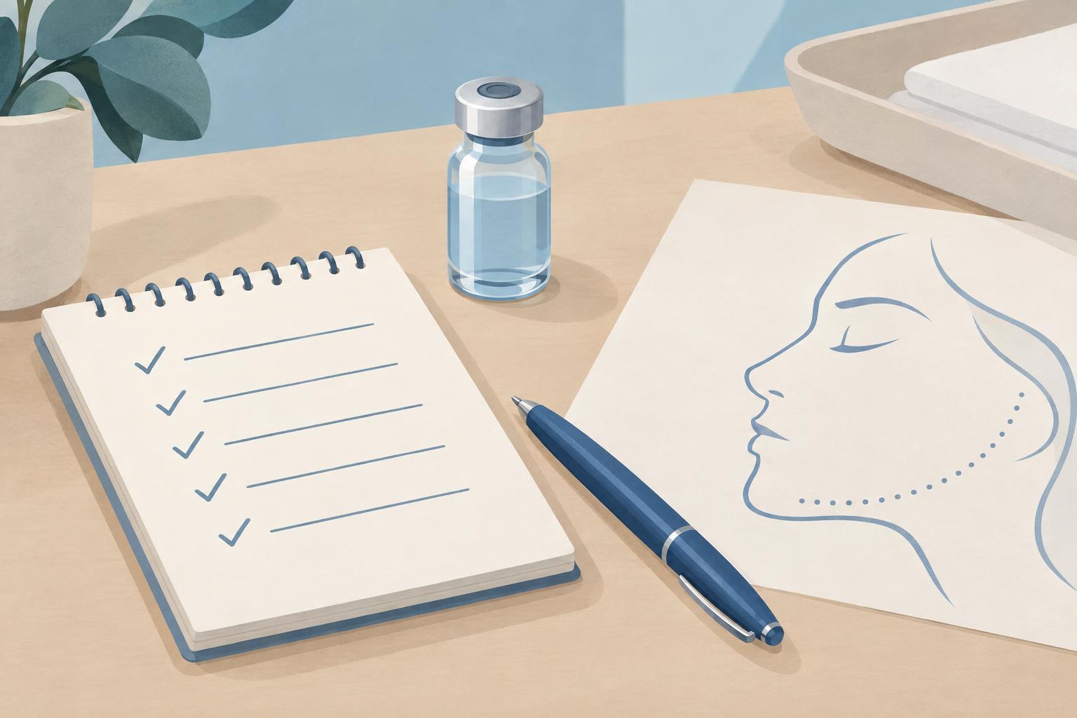 Flat illustration of a consultation table with an unlabeled glass vial, a notepad checklist of tick marks, a pen and an abstract face-profile sketch with a dotted line along the jaw.