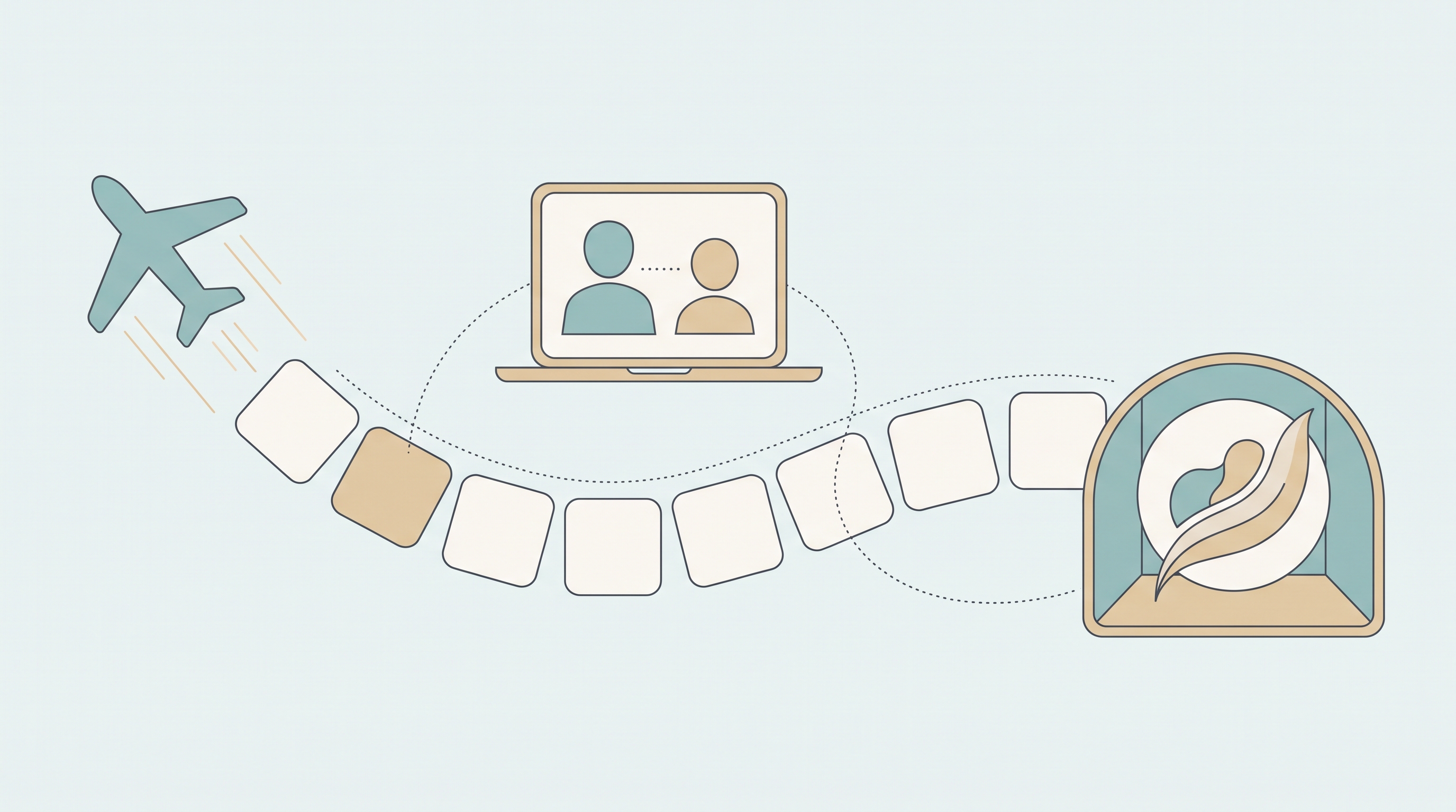 Flat vector illustration of a curving row of blank calendar day squares linking a laptop video-call frame with two abstract silhouettes at one end to a soft rounded recovery motif and a departing airplane shape at the other, in muted teal and sand tones.