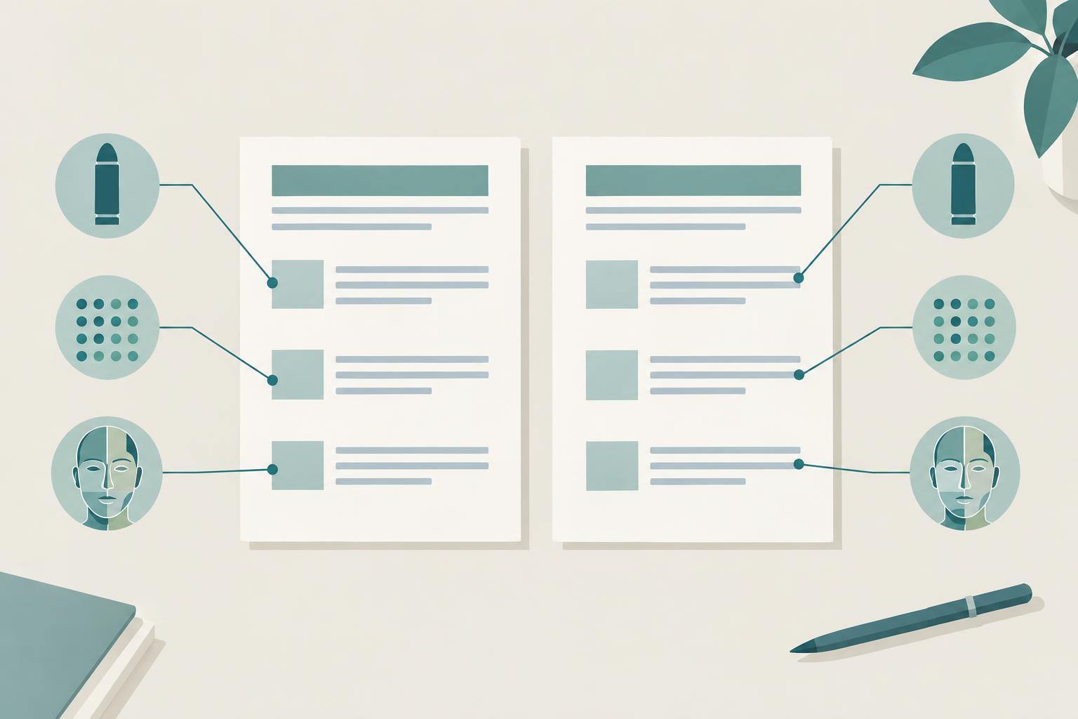 Illustration of two blank quote sheets side by side, linked by thin lines to simple icons of a sealed cartridge, a dotted counter and a face outline divided into zones, suggesting an item-by-item price comparison.