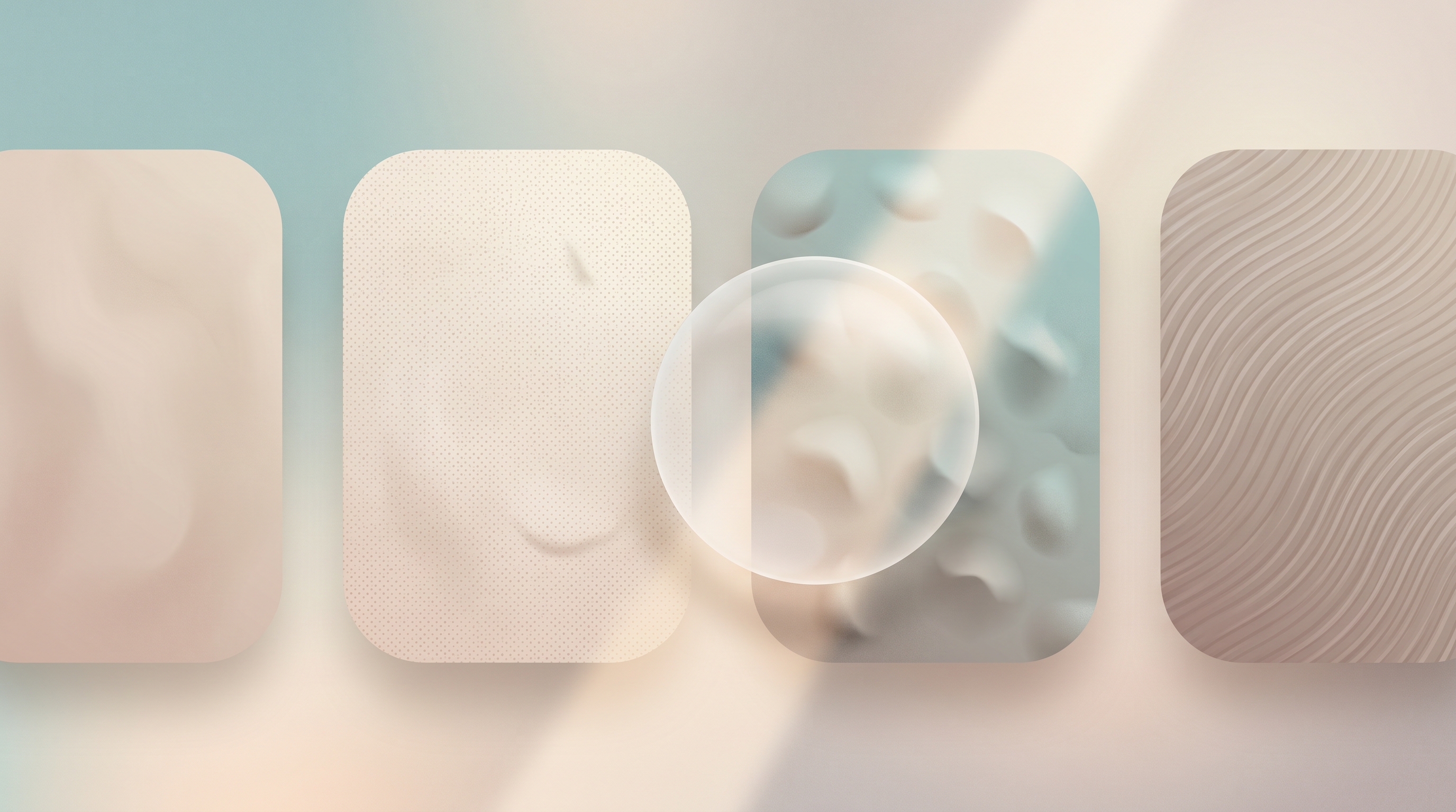 Conceptual illustration of several rounded panels with subtly different abstract skin textures, with a translucent magnifying lens and soft light beam highlighting one panel to suggest careful comparison.