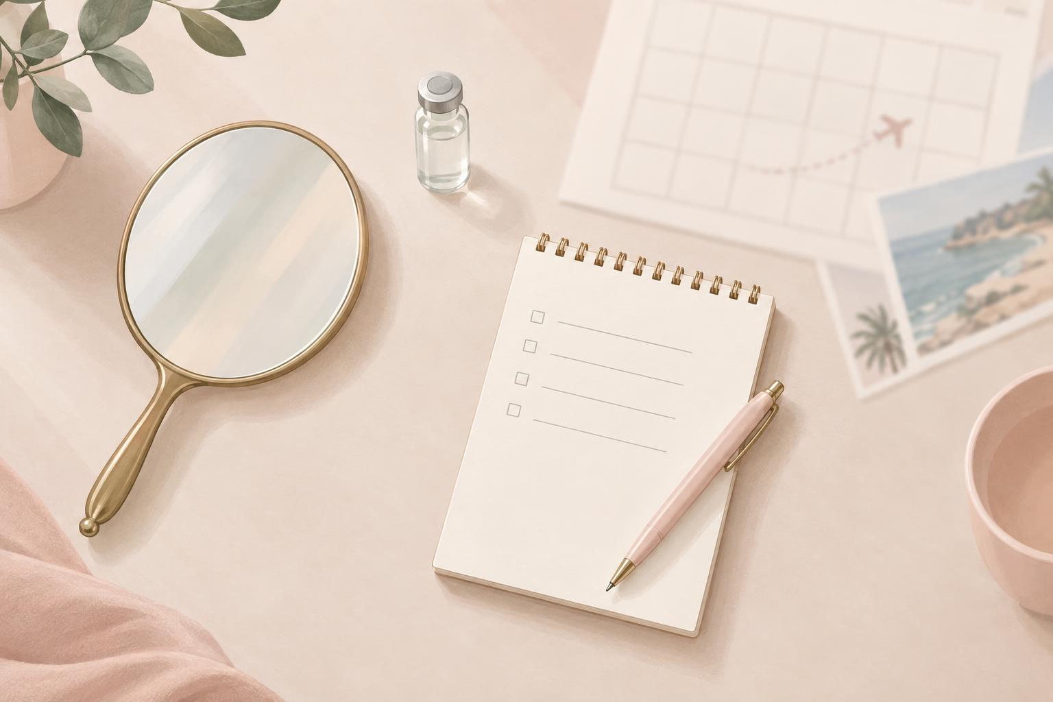 Illustration of a consultation table from above, with a hand mirror, a small unlabeled vial, a blank notepad with a pen and a blurred calendar, in soft neutral and blush tones.