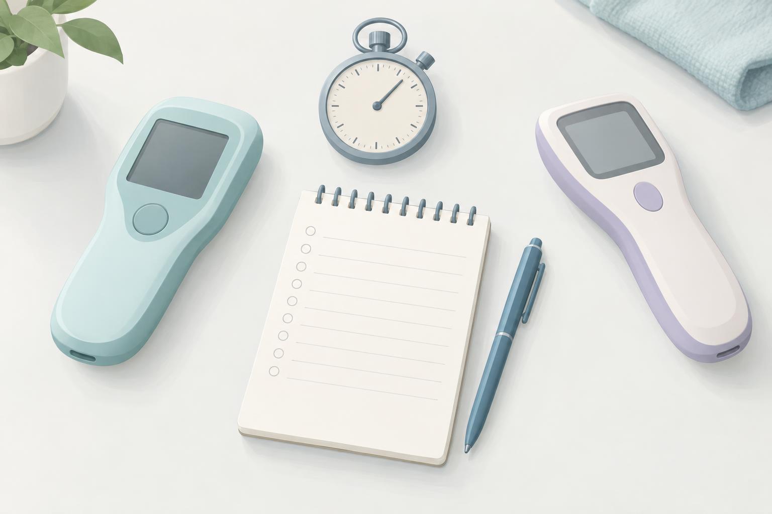 Illustration of two generic handheld device shapes beside a stopwatch and a blank notepad with a pen on a light surface, suggesting a comparison of treatment time and cost