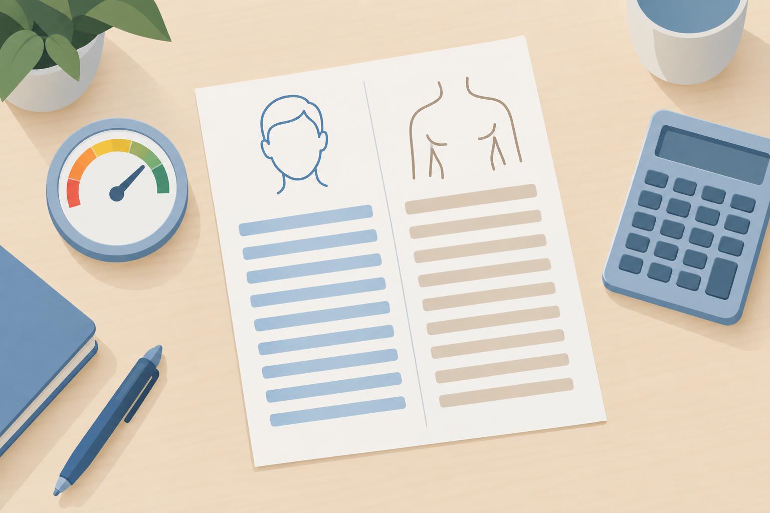 Illustration of a two-column price sheet with a face outline and a torso outline, next to an energy dial and a calculator, suggesting how to compare face and body treatment quotes.