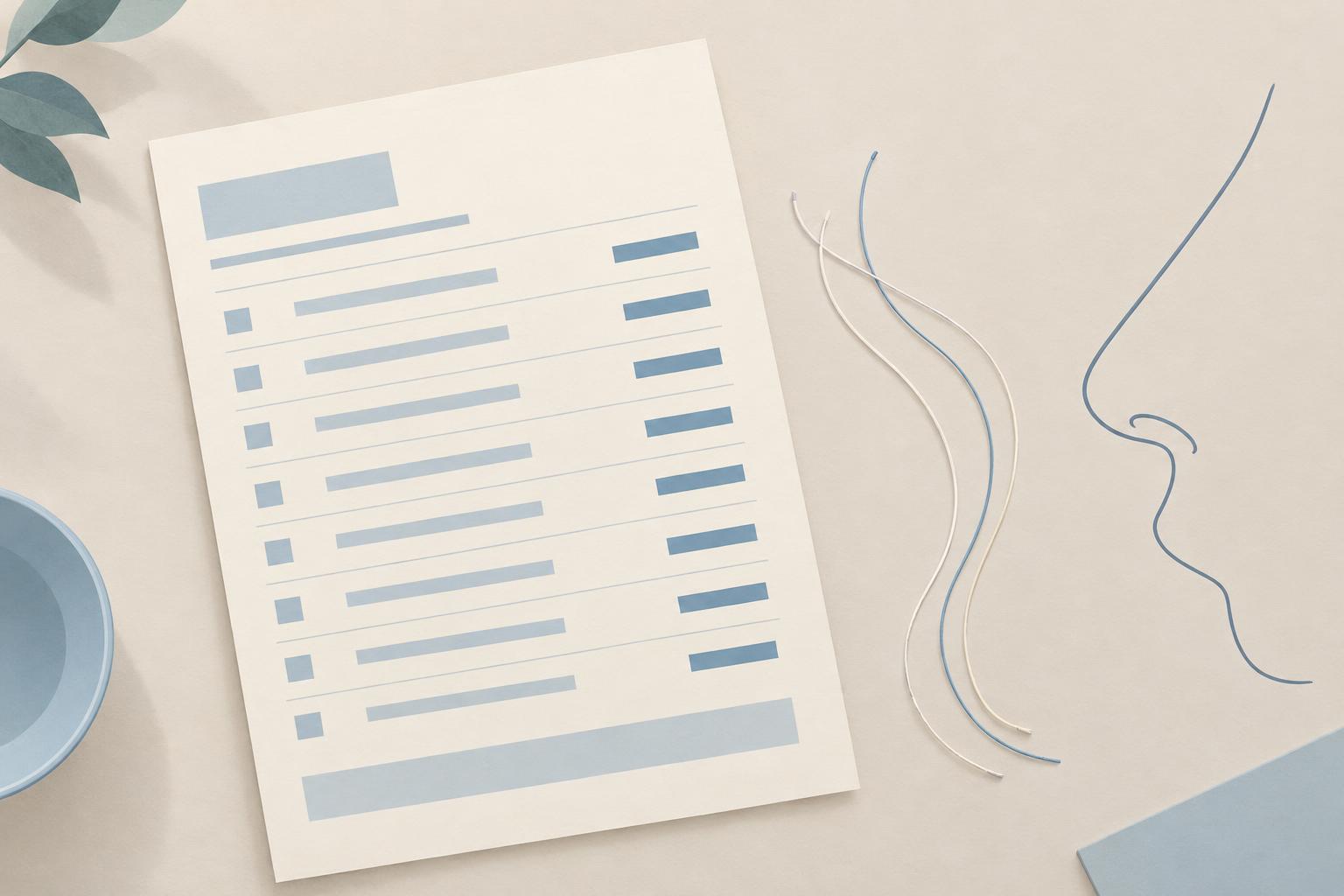 Illustration of a desk with a blank itemised price sheet, a few fine curved thread lines and a nose profile drawn in a single line