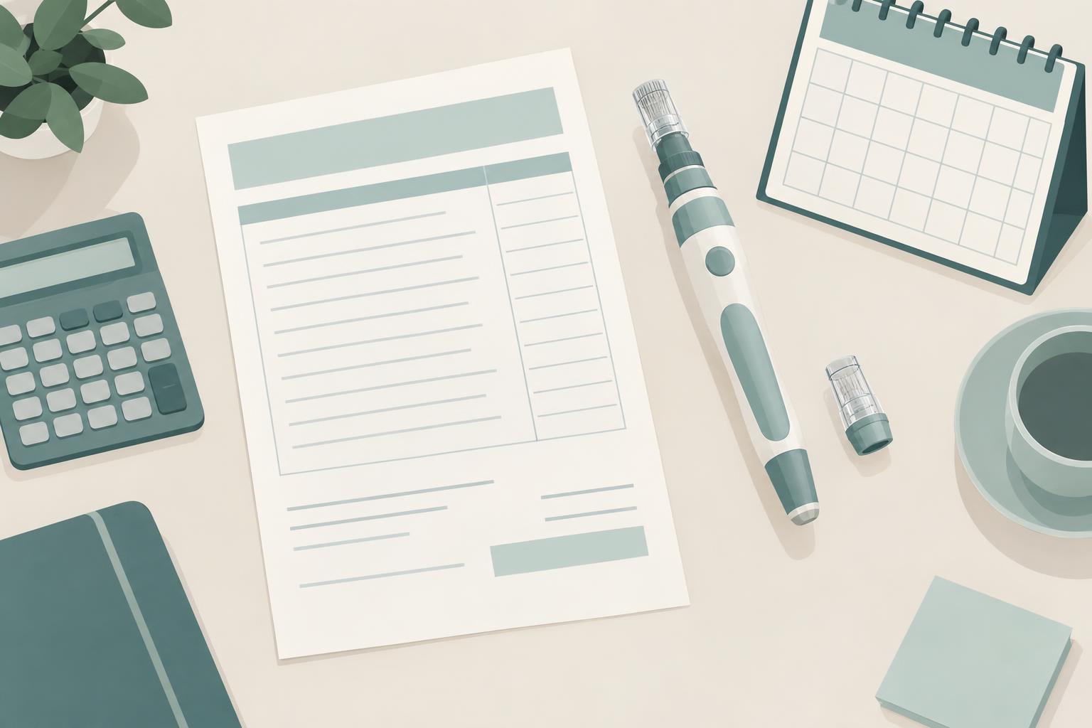 Illustration of a desk with a blank itemised quote sheet, a stylised microneedling handpiece with a separate tip, a calculator and a travel calendar.