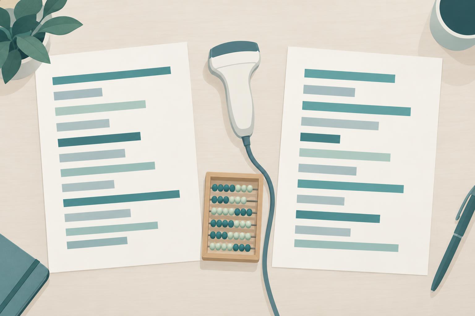 Illustration of two blank treatment quotes side by side, with abstract bars of different lengths representing different shot counts, a stylised ultrasound handpiece and a small counter between them.