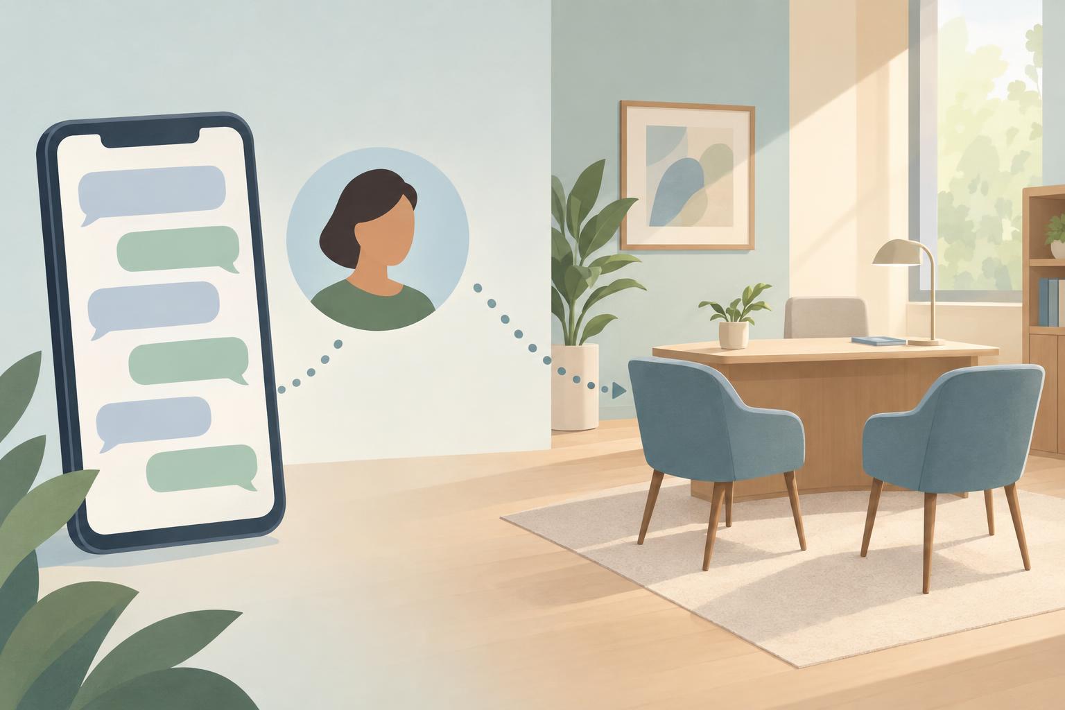 Illustration of a smartphone with blank chat bubbles and a simple portrait silhouette, connected by a dotted path to a calm consultation room with two empty chairs and a desk.
