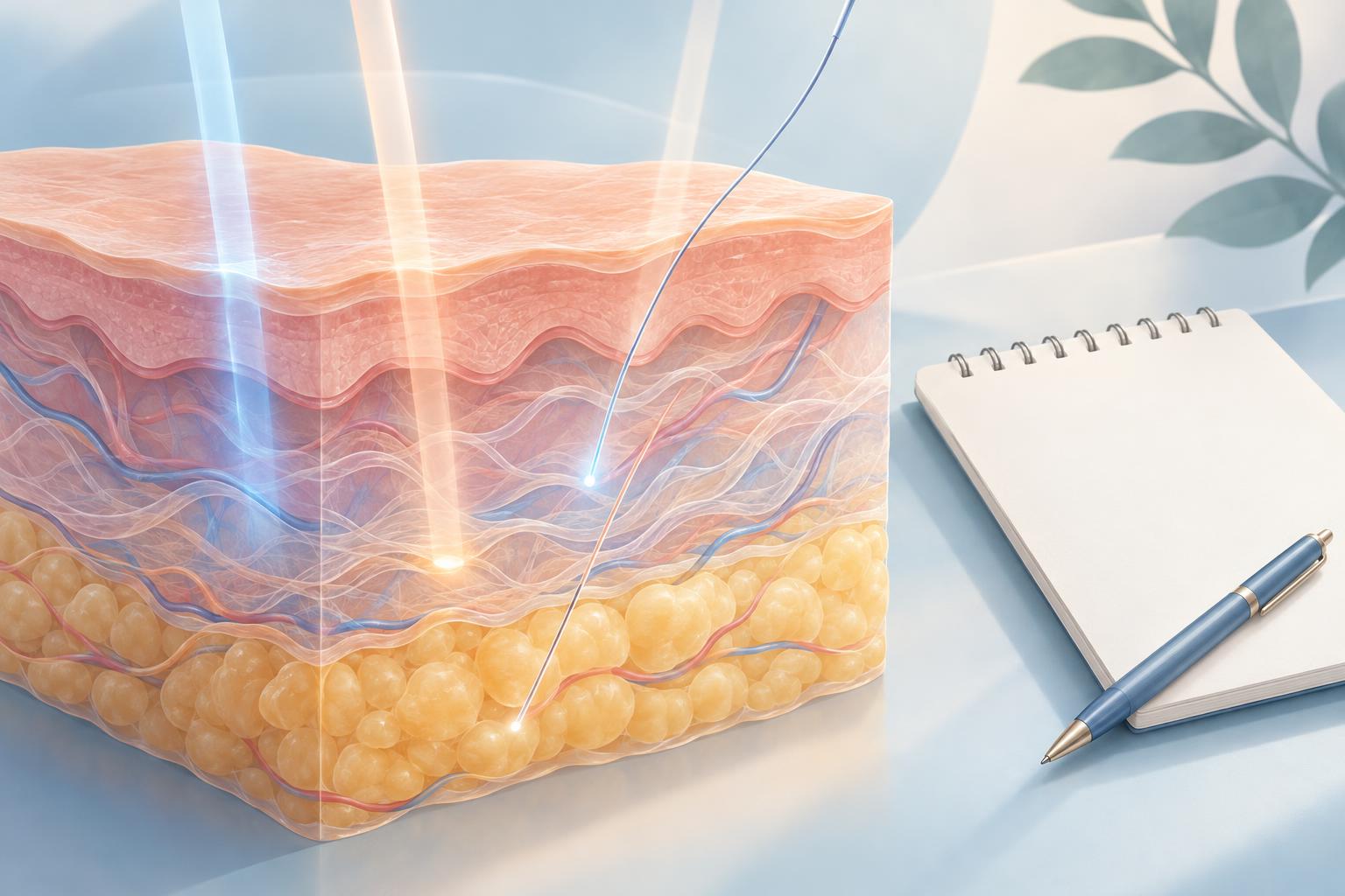 Illustration of layered skin tissue with light beams and a thread reaching different depths, next to a blank notepad and pen