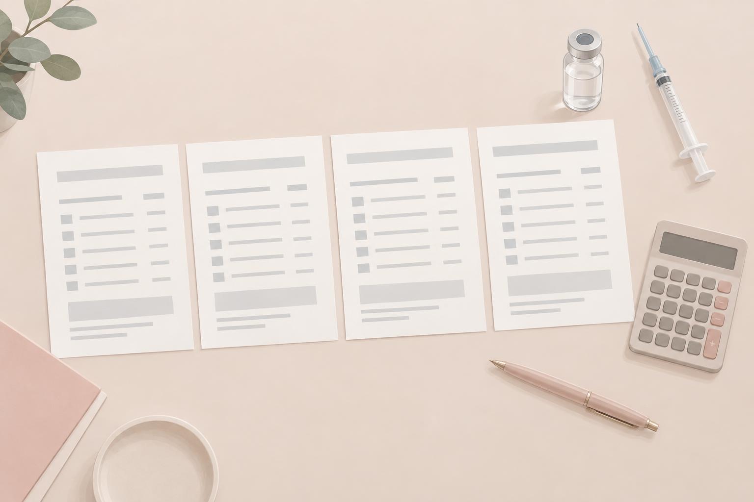 Illustration of blank itemised quote sheets laid side by side next to a small vial, a capped syringe, a calculator and a pen, representing a comparison of treatment quotes.