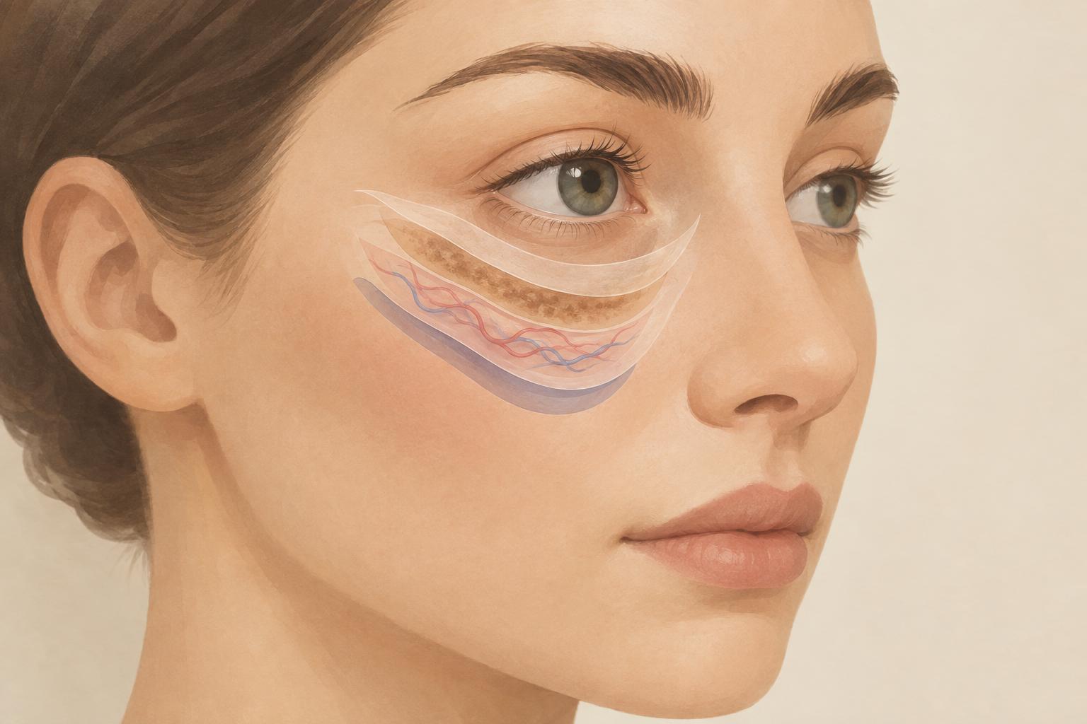 Stylized illustration of an abstract face in three-quarter view, with the under-eye area shown as translucent layers in brown, red-blue and pale tones to suggest pigment, vessels, skin and contour
